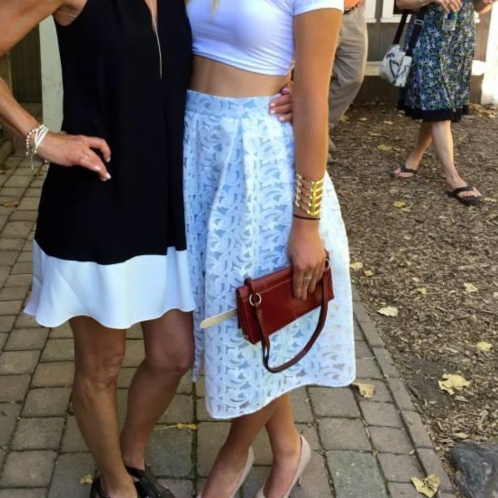 Light blue and white lace midi skirt